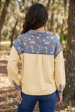 Apricot Floral Patchwork Detail Collar V Neck Long Sleeve Top