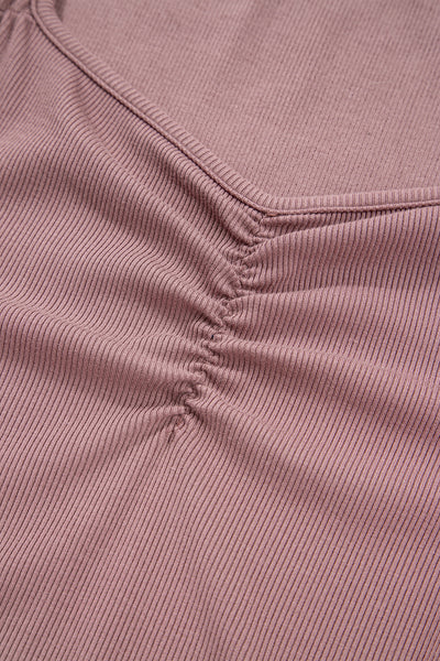 Burgundy Ruched Sweetheart Neck Ribbed Long Sleeve Top