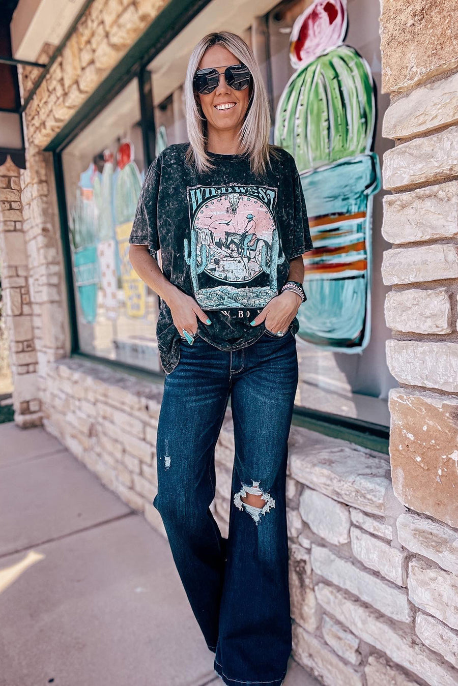 Dark Blue High Rise Ripped Raw Hem Bell Bottom Jeans