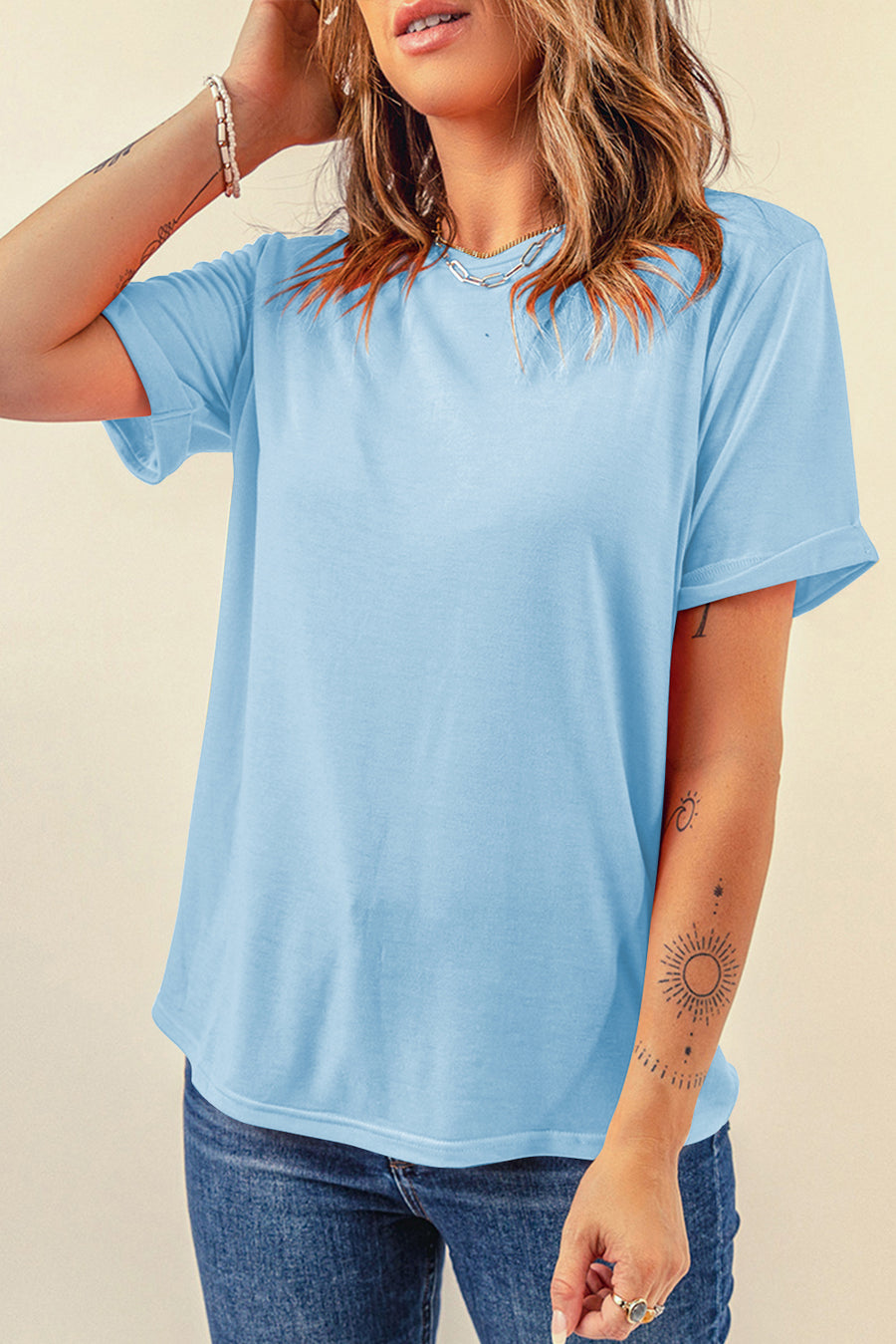 Basic Crew Neck Rolled Sleeve T-Shirt- 12 Colors