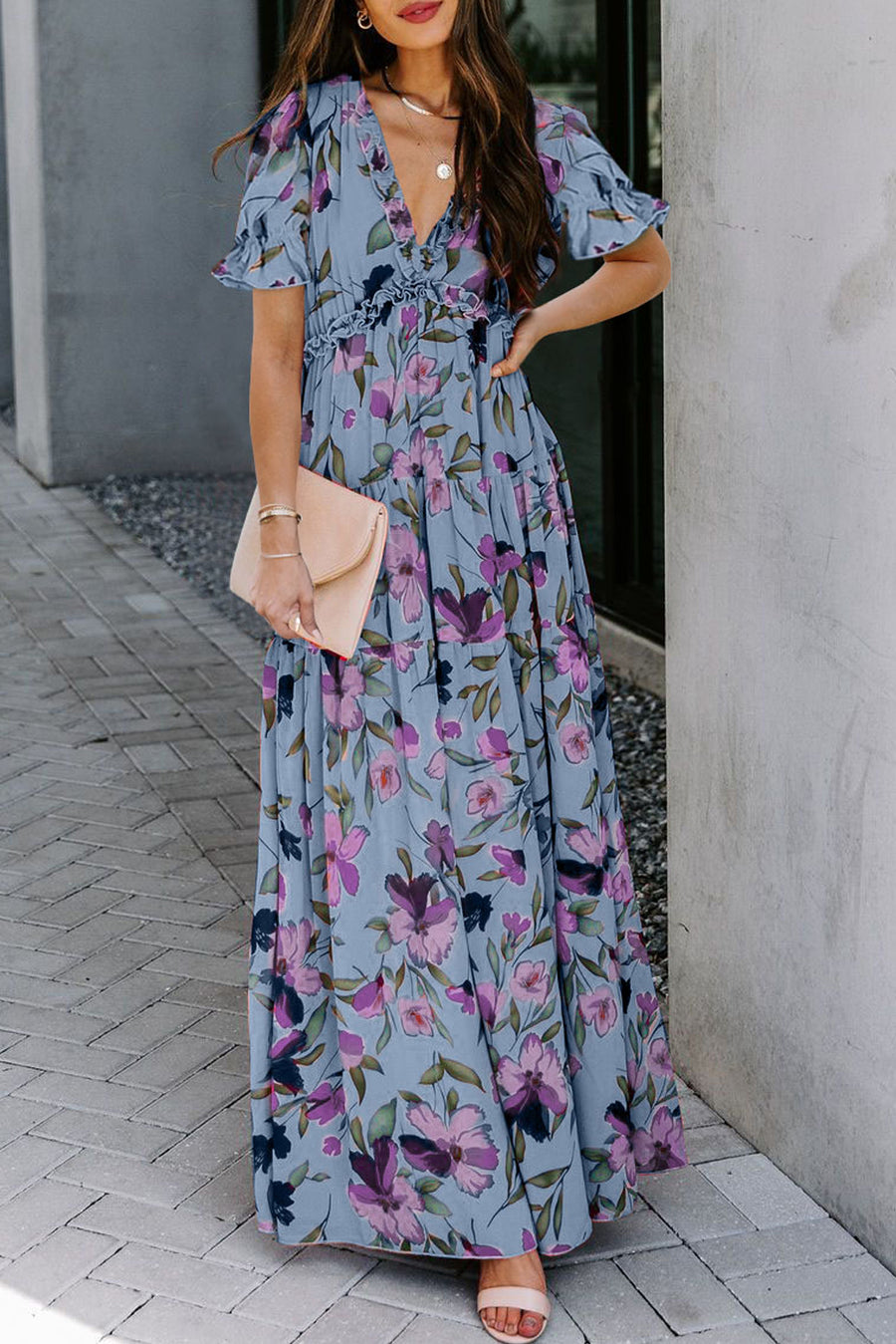 Dusty Blue and Purple Floral Print Frilled V-Neck Short Sleeve Maxi Dress