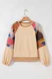 Light French Beige Geometric Patchwork Raglan Sleeve Pullover Sweatshirt