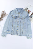 Light Blue Distressed Ripped Raw Hem Denim Jacket