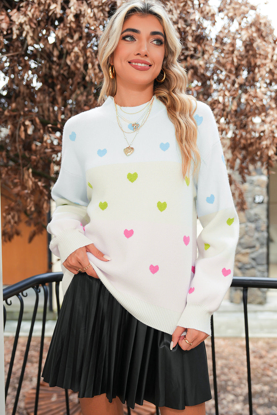 Multicolored Hearts Color Block High Neck Sweater