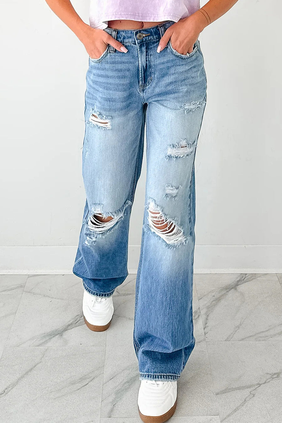 Medium Blue Mid-Rise Distressed Straight Leg Jeans