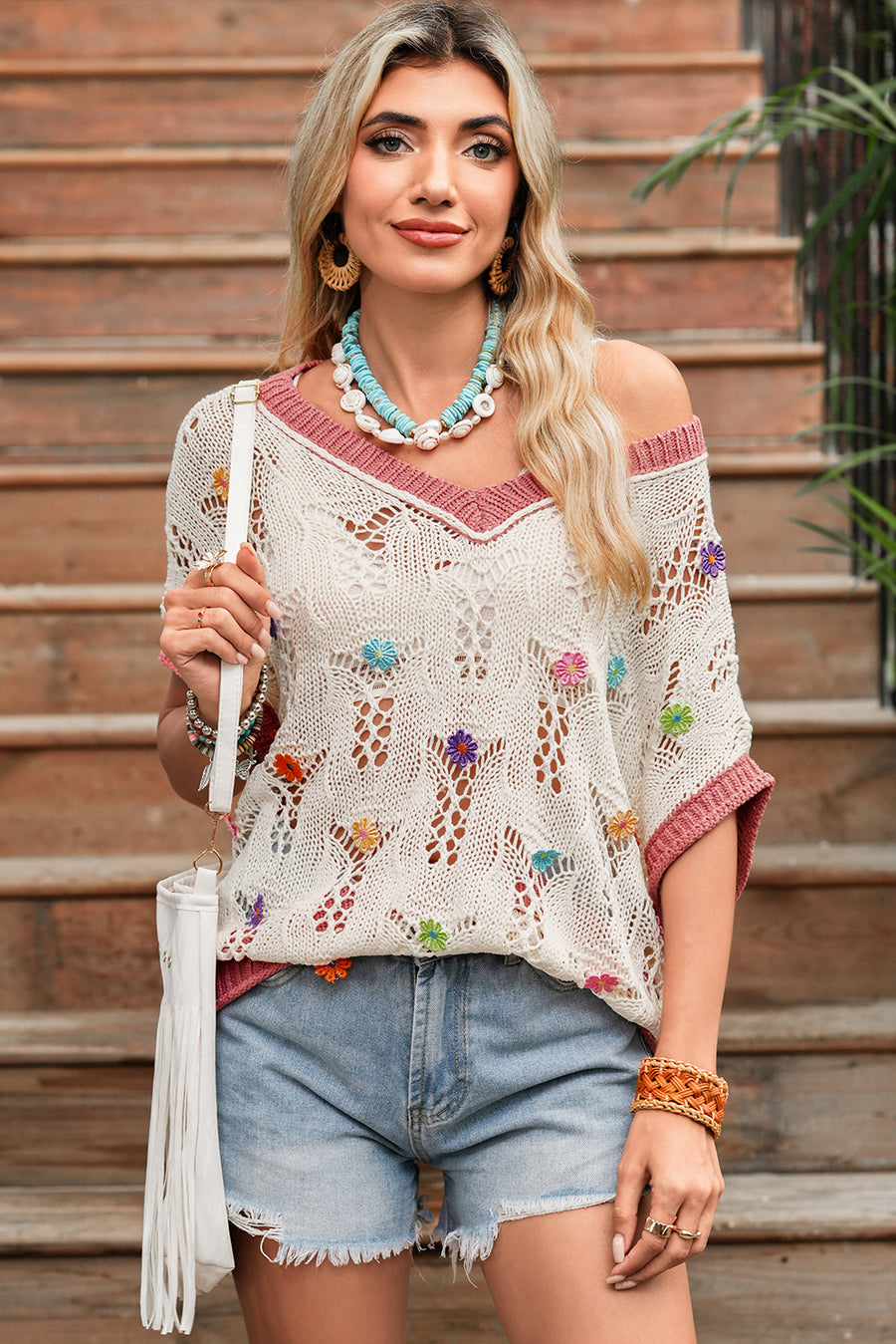 Ivory Floral Crochet Contrast Trim Knit Sweater