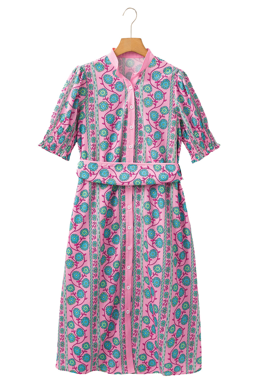Pink Bohemian Floral Shirred Short Sleeve Belted Midi Dress
