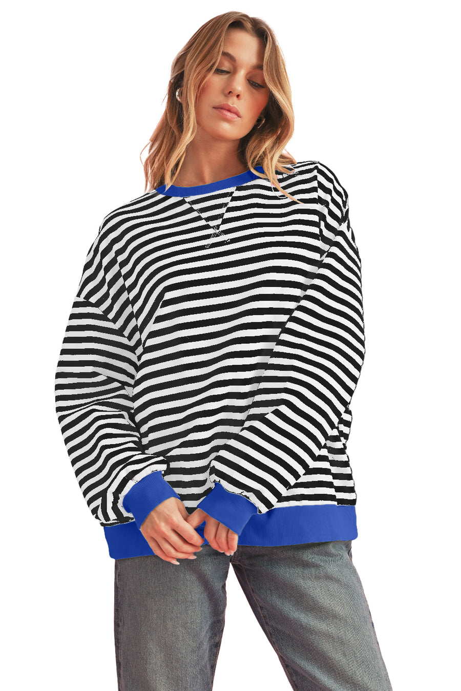 Striped Contrast Trim Oversized Sweatshirt- 4 Colors