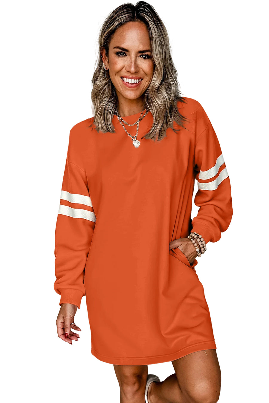 Varsity Striped Long Sleeve Loose Mini Dress with Pockets- 5 Colors