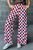 Red and Navy Checkered Print High Waist Wide Leg Pants