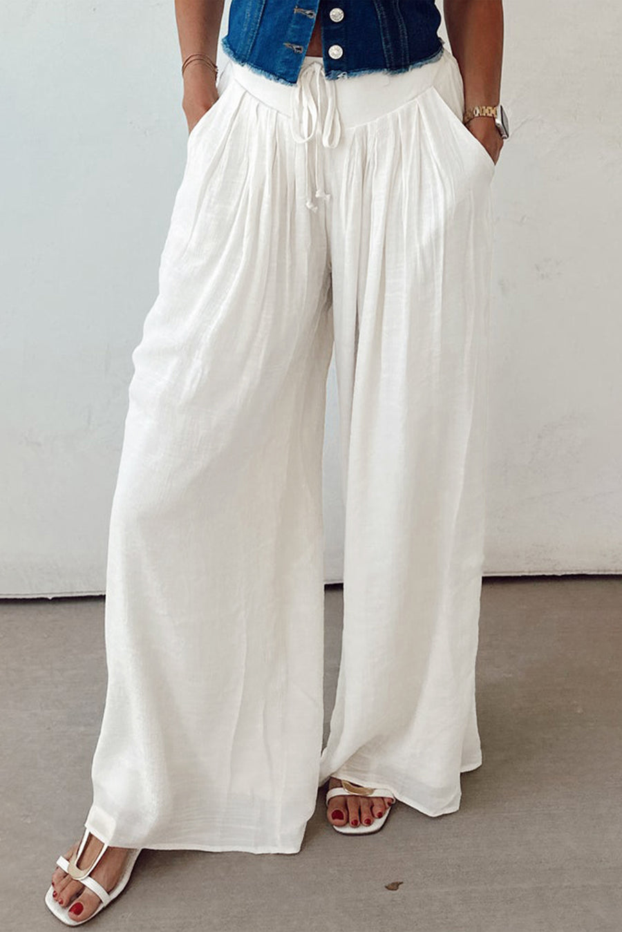 White Pleated Loose Fit Wide Leg Pants