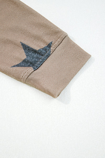 Khaki Retro Star Print Long Sleeve Pullover Drawstring Wide Leg Pajama Set