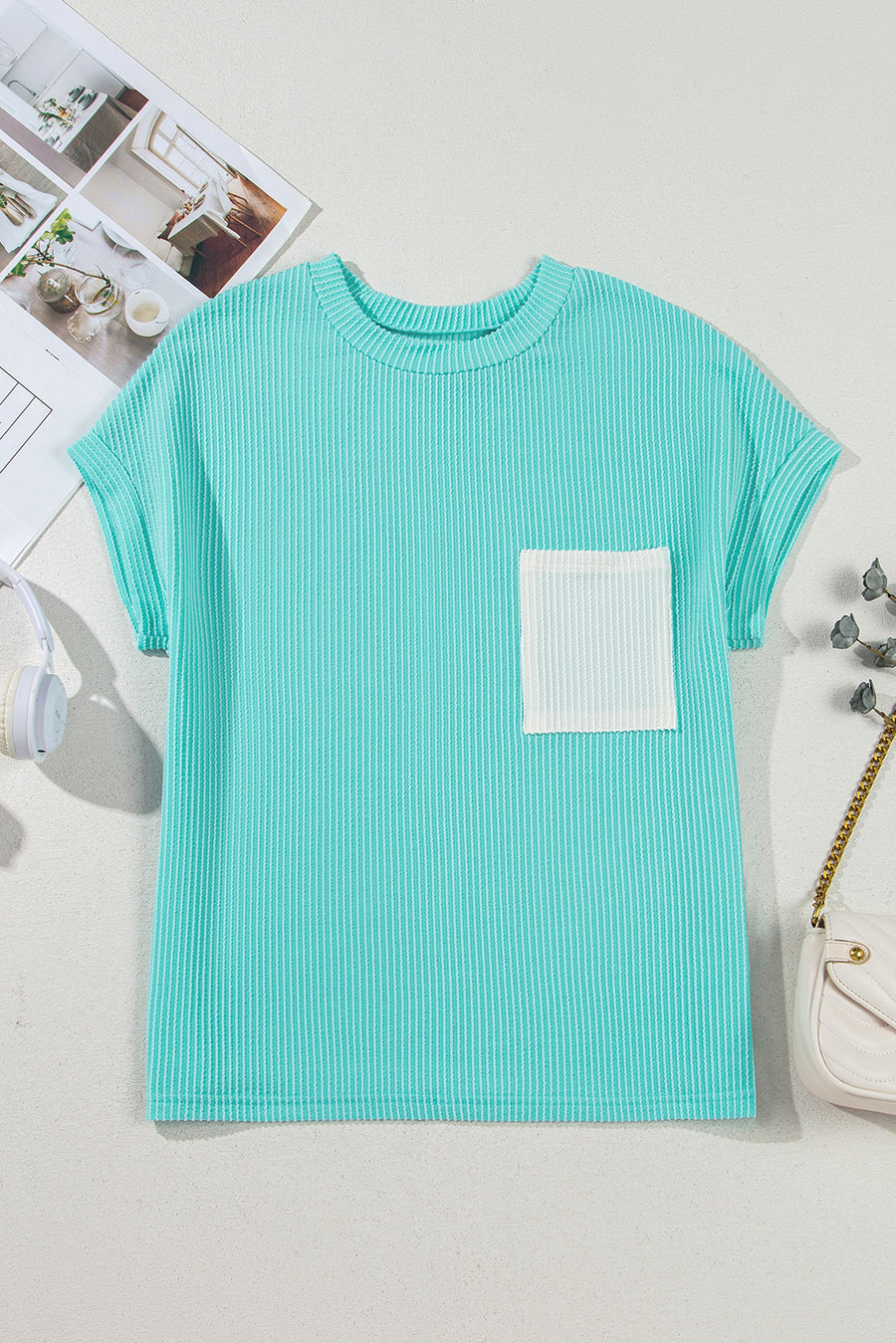 Twist Ribbed Color Block Pocket Crew Neck T-Shirt- 4 Colors