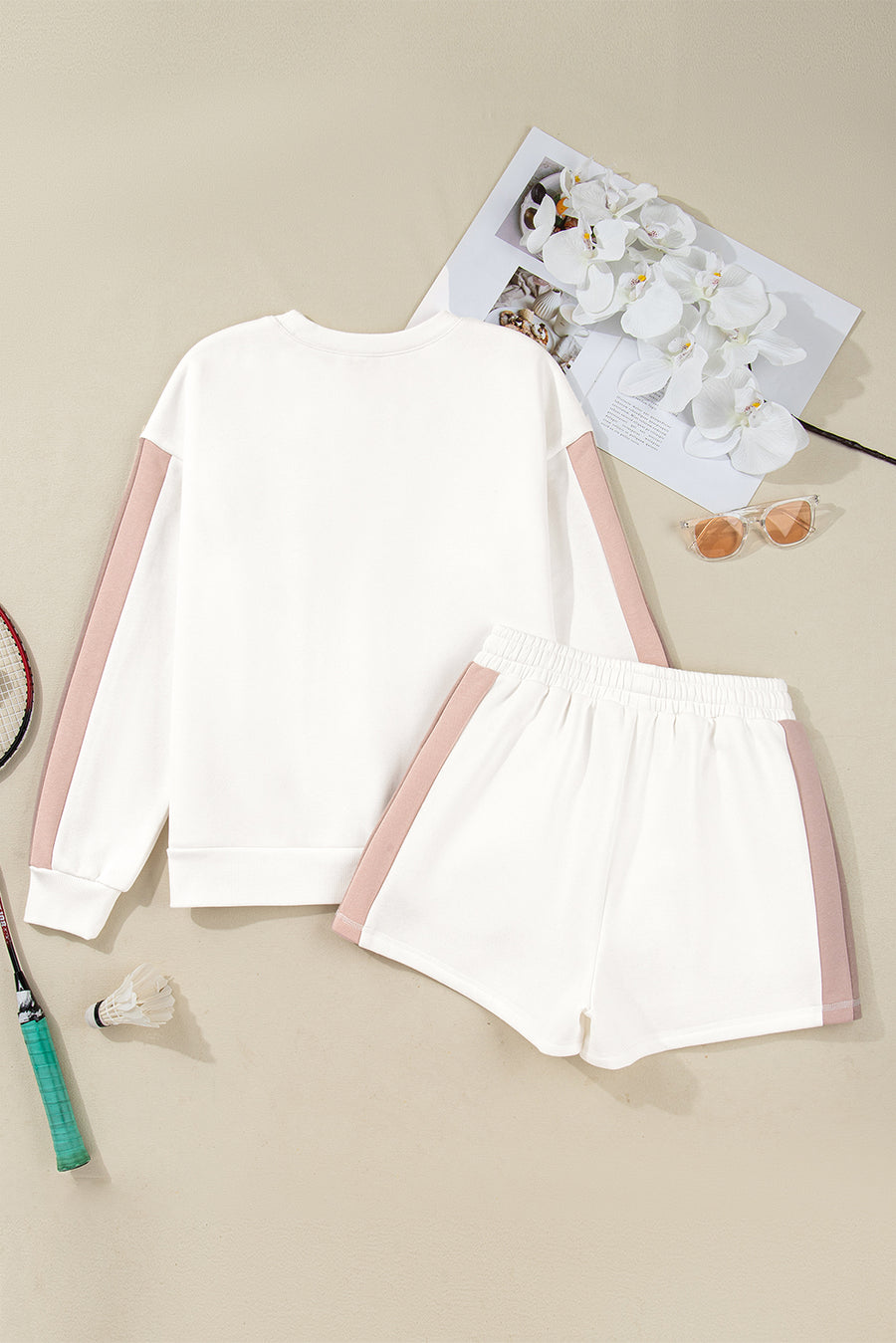 White Color Block Drop Shoulder Pullover Sweatshirt & Shorts Outfit