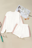 White Color Block Drop Shoulder Pullover Sweatshirt & Shorts Outfit