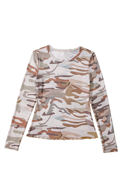 Green Camouflage Print Slim Fit Long Sleeve Top