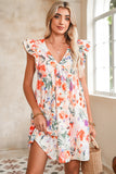 Orange Multi Floral Ruffle Sleeve V-Neck High Waist Mini Dress