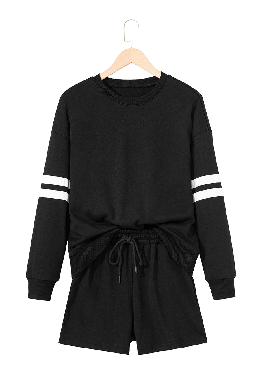 Varsity Striped Sleeve Drop Shoulder Sweatshirt and Shorts Set- 5 Colors