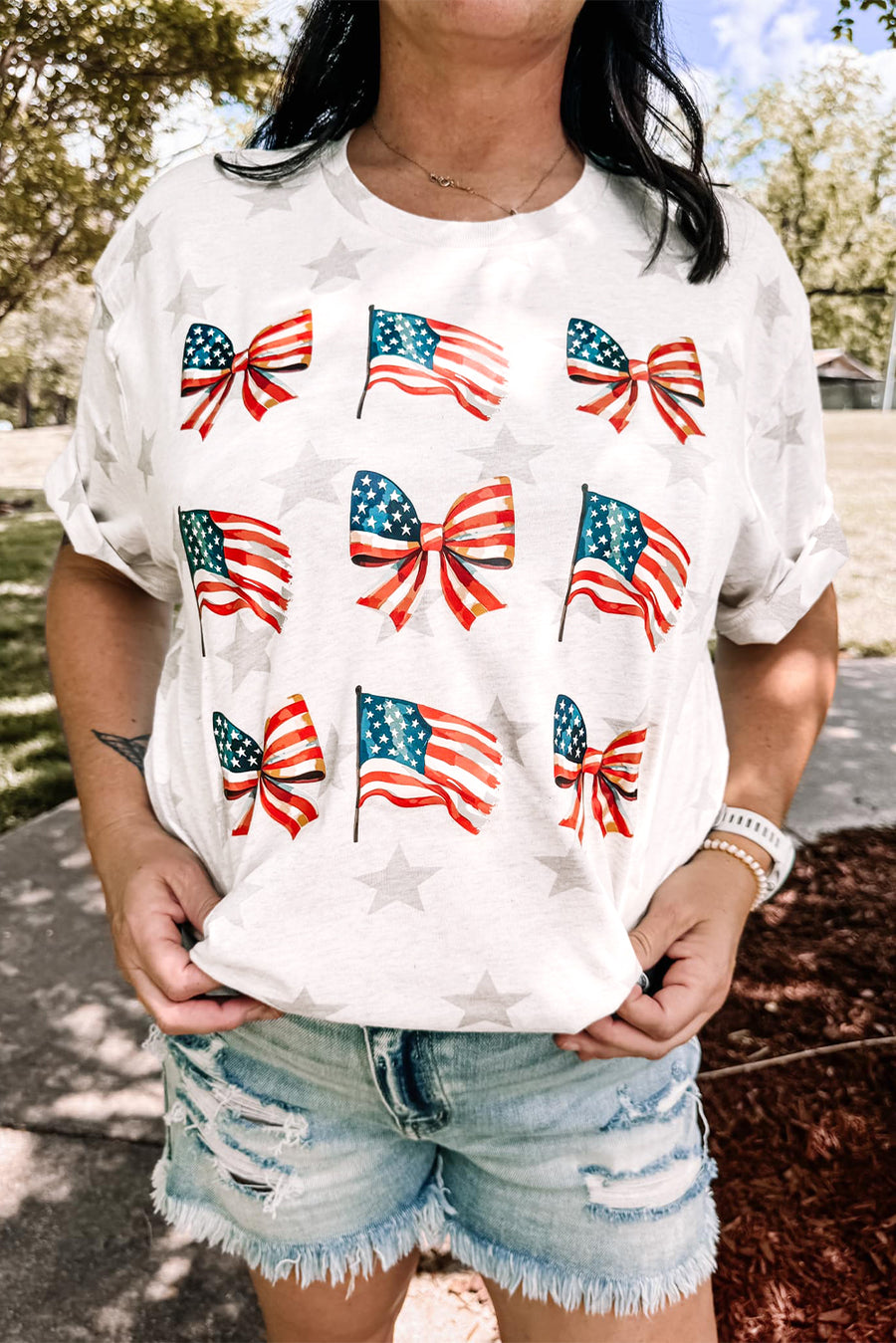 White Star Print Watercolor American Flags and Bows Graphic T-Shirt