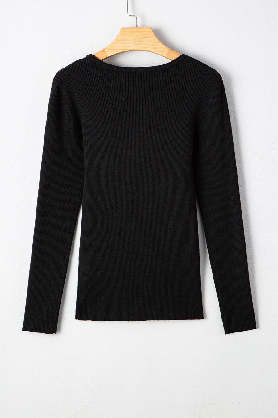 Black Ribbed Knit Cold Shoulder Plain Sweater