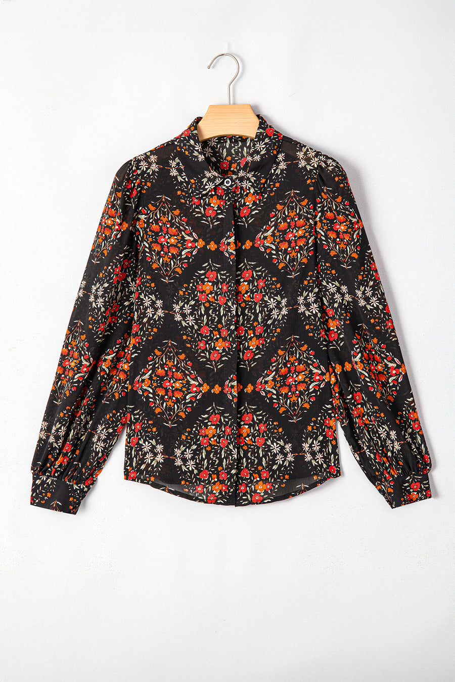 Black Floral Collared Button-Up Lantern Sleeve Blouse