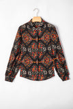 Black Floral Collared Button-Up Lantern Sleeve Blouse