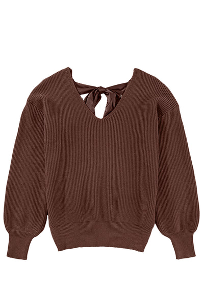 Coffee Lantern Sleeve V Neck Knot Back Sweater