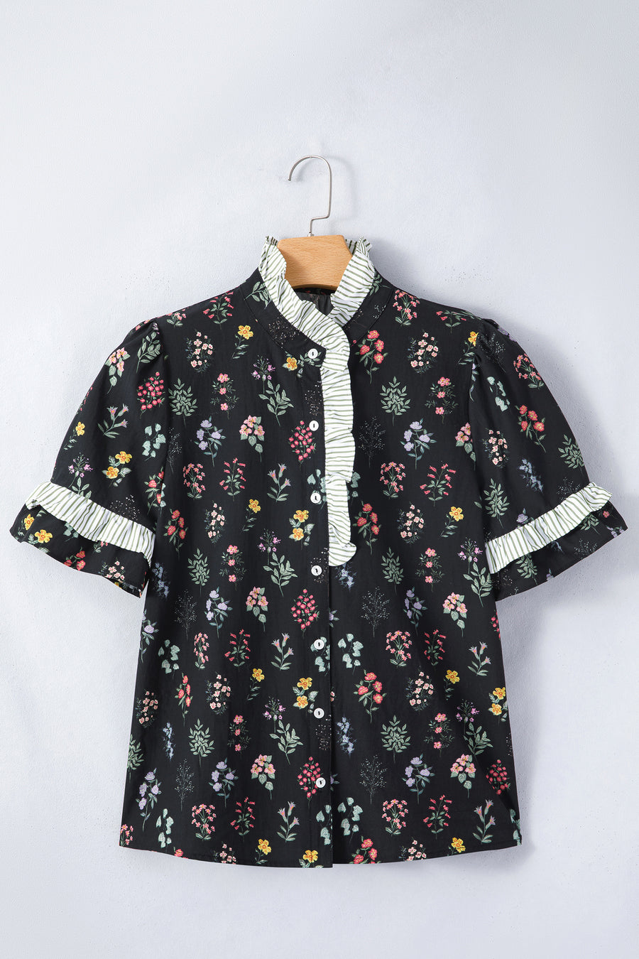 Black Floral Contrast Trim Frilled Neck Ruffled Short Sleeve Blouse