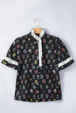 Black Floral Contrast Trim Frilled Neck Ruffled Short Sleeve Blouse