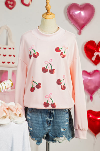 Apricot Pink Sequin Bow Cherry Patched Mock Neck Baggy Sweatshirt