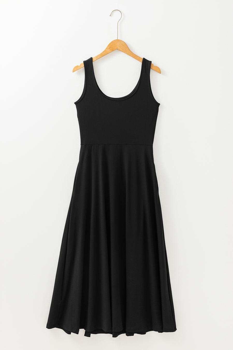Black Sleeveless Scoop Neck Flared Front Slit Midi Dress
