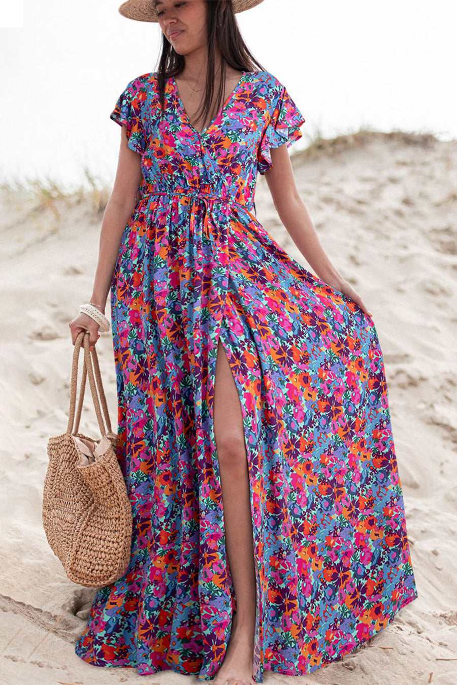 Blue Floral Print V-Neck Wrap Split Maxi Dress