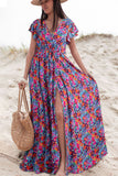 Blue Floral Print V-Neck Wrap Split Maxi Dress