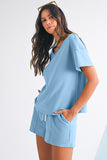 V-Neck Drop Shoulder T-Shirt and Patchwork Shorts Set- 3 Colors