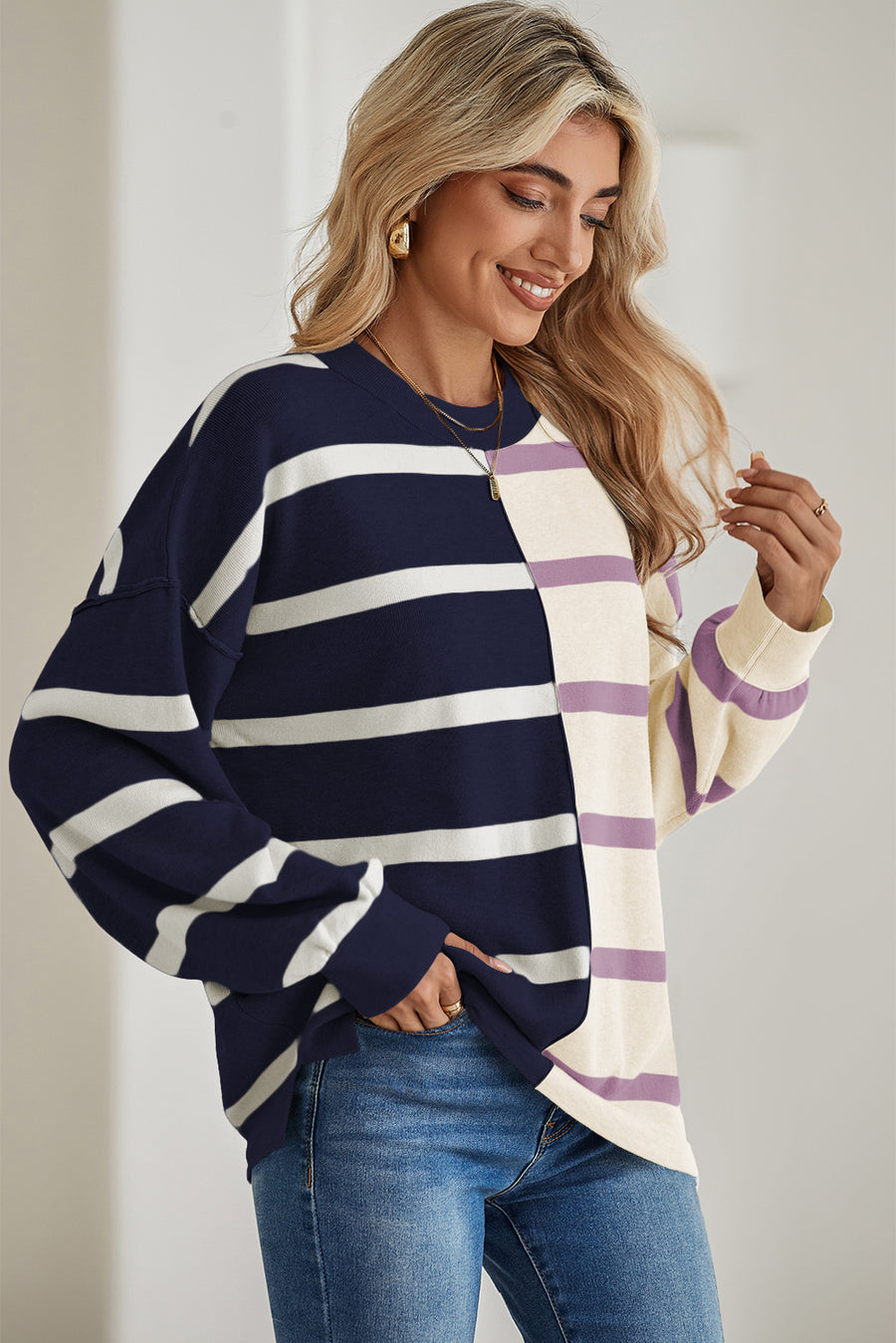 Striped Exposed Seam Patchwork Loose Fit Sweater- 4 Colors