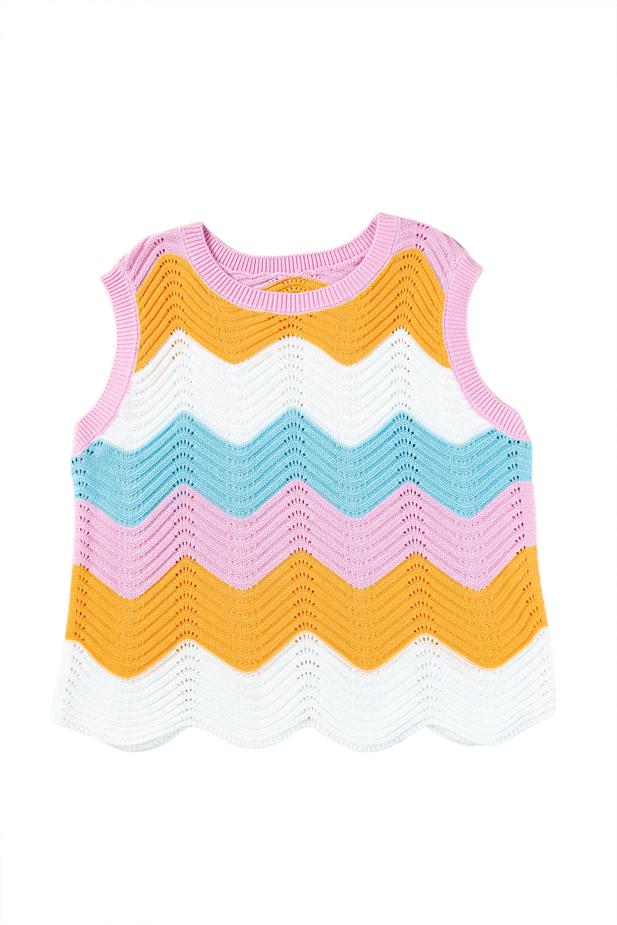 Wavy Color Block Crew Neck Knit Sleeveless Sweater