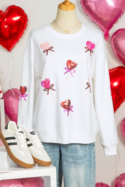 White Sequin Bow Heart Lollipop Drop Shoulder Crew Neck Sweatshirt