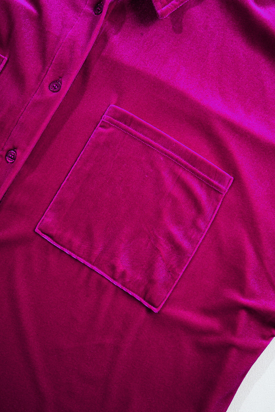 Plus Size Bright Pink Velvet Chest Pocket Drop Shoulder Shirt