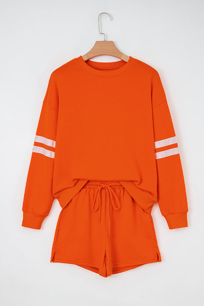Varsity Striped Sleeve Drop Shoulder Sweatshirt and Shorts Set- 5 Colors