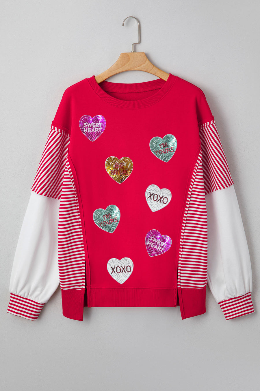 Red Sequin Hearts Striped Color Block Patchwork Drop Shoulder Crew Neck Sweatshirt 2