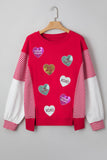 Red Sequin Hearts Striped Color Block Patchwork Drop Shoulder Crew Neck Sweatshirt 2