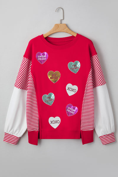 Red Sequin Hearts & Striped Color Block Patchwork Drop Shoulder Crew Neck Sweatshirt 2