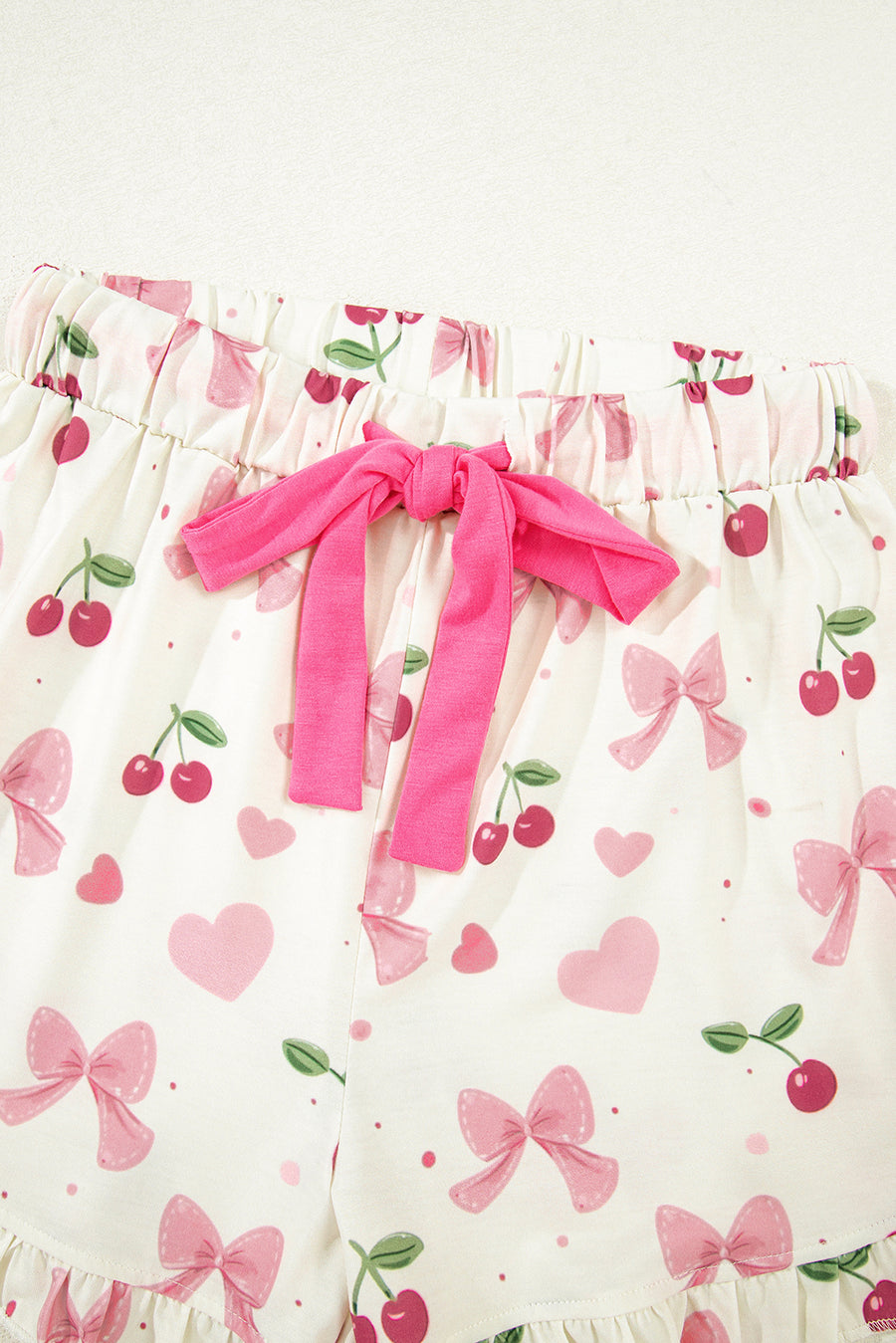 Bow Print Button-Up V-Neck Short Sleeve Top and Ruffle Hem Shorts Pajama Set- 2 Styles