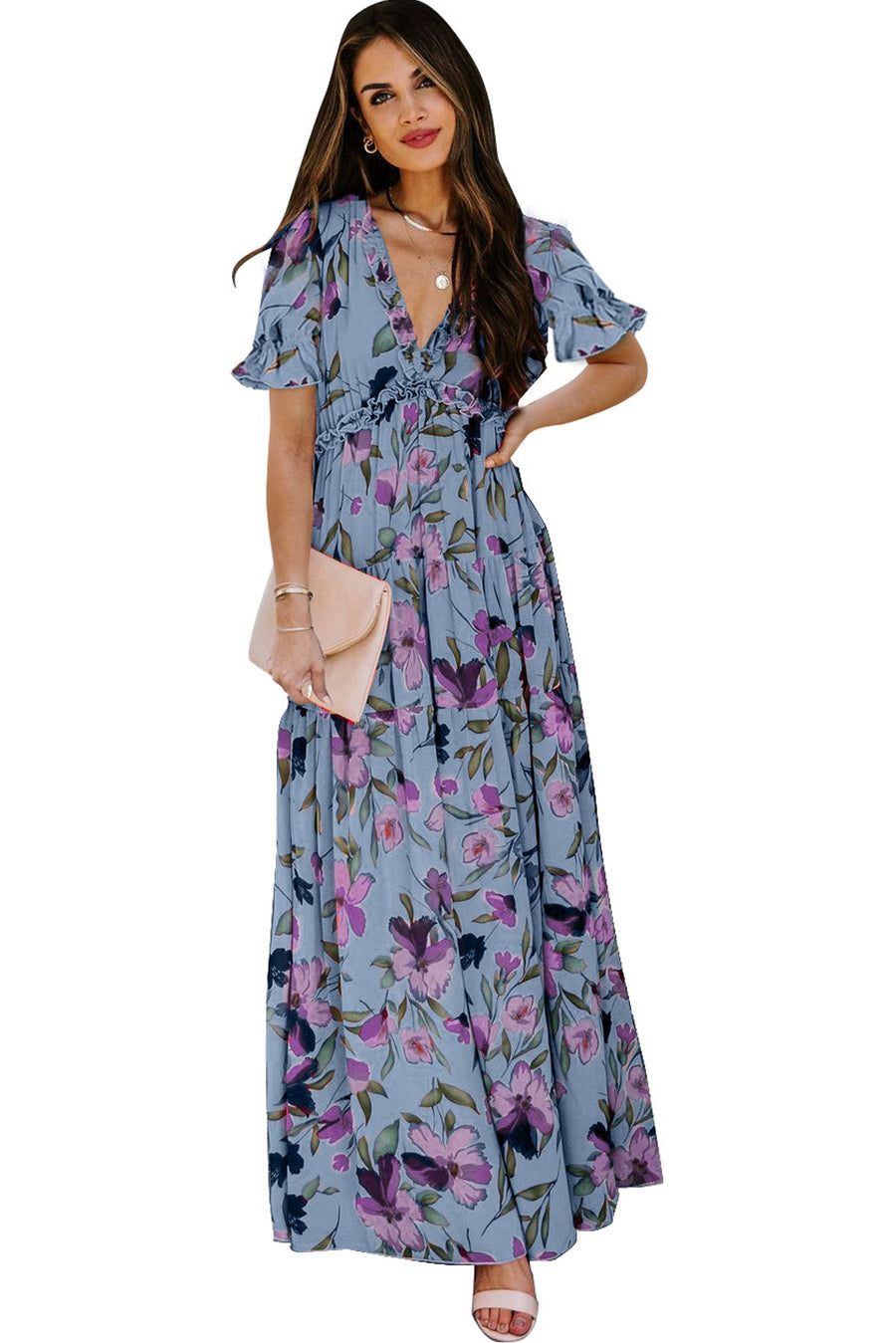 Dusty Blue and Purple Floral Print Frilled V-Neck Short Sleeve Maxi Dress