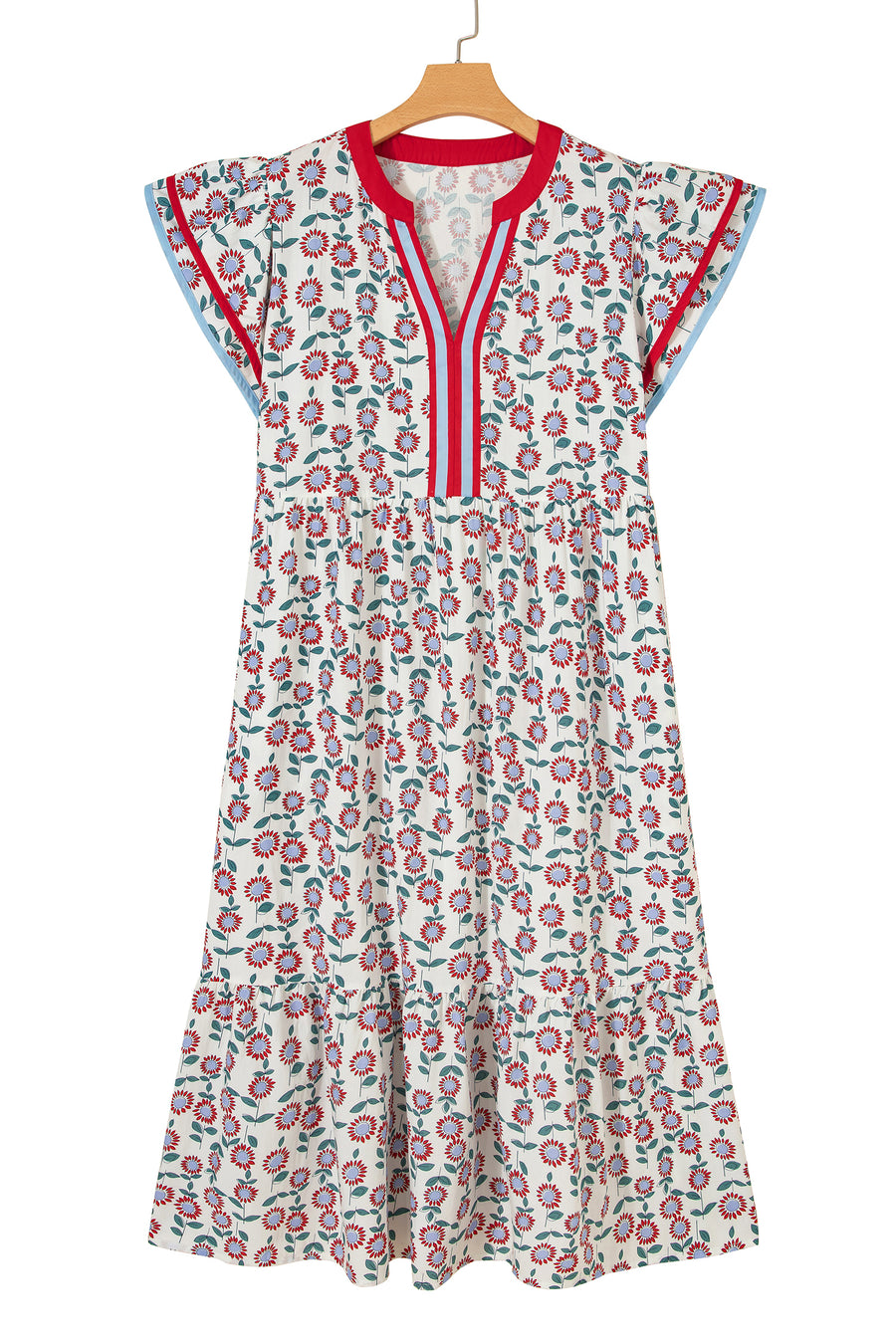Red Cute Sunflower Printed Striped Patchwork Trim Flutter Sleeve Long Dress