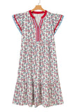 Red Cute Sunflower Printed Striped Patchwork Trim Flutter Sleeve Long Dress