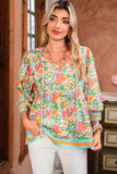 Green Floral Striped Trim Lantern Sleeve Tie Neck Blouse