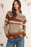 Khaki Geometric Print Colorblock Crew Neck Sweater