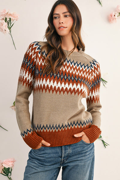 Khaki Geometric Print Colorblock Crew Neck Sweater