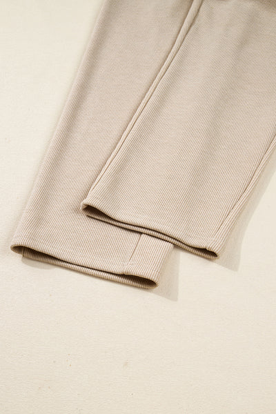 Dark Khaki Drawstring Pullover Hoodie and High Waist Pants Corduroy Suit